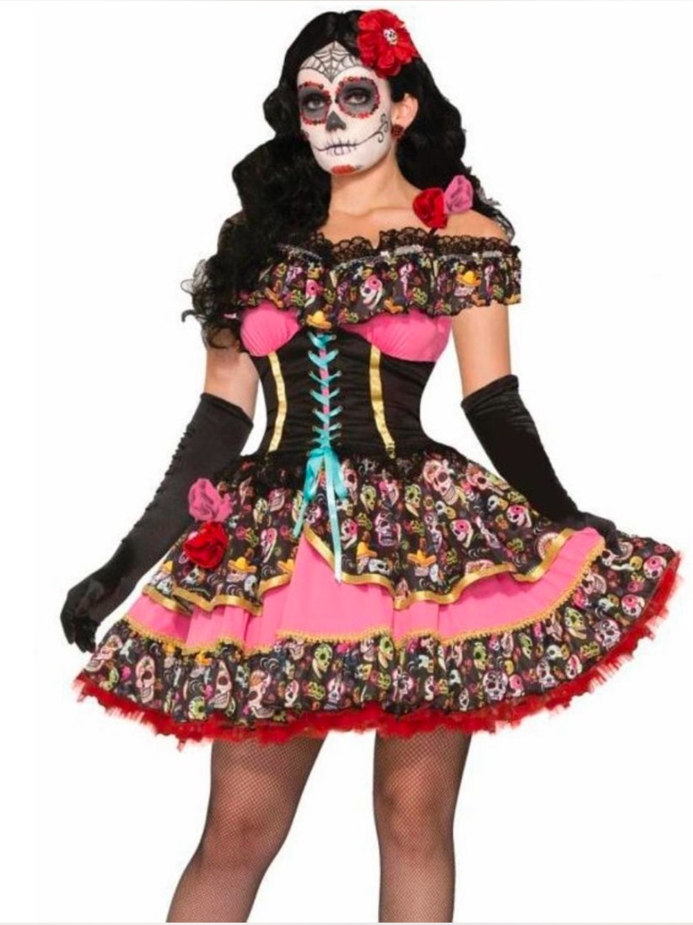 Day of the Dead Pink & Black Costume Dress With Accessories. Size M/L